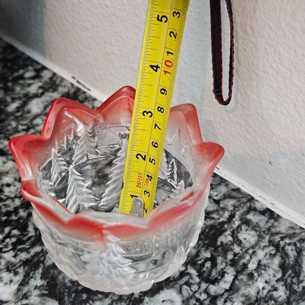 Vintage Red Trimmed Frosted Glass Candle Holder Winter‎ Scene Christmas Decor